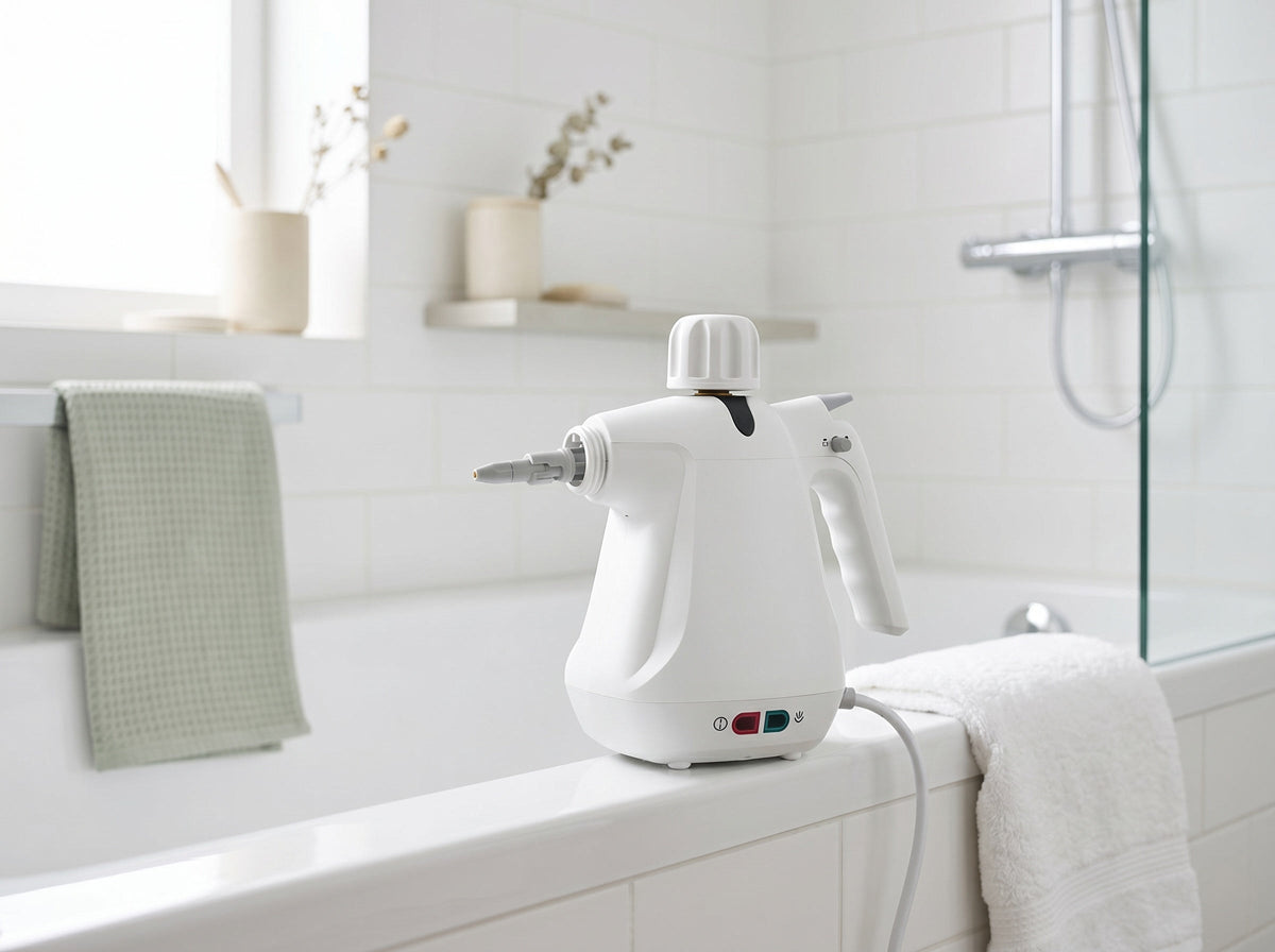 Puravel Dampfreiniger im Badezimmer – löst Kalk an Fugen und Armaturen
